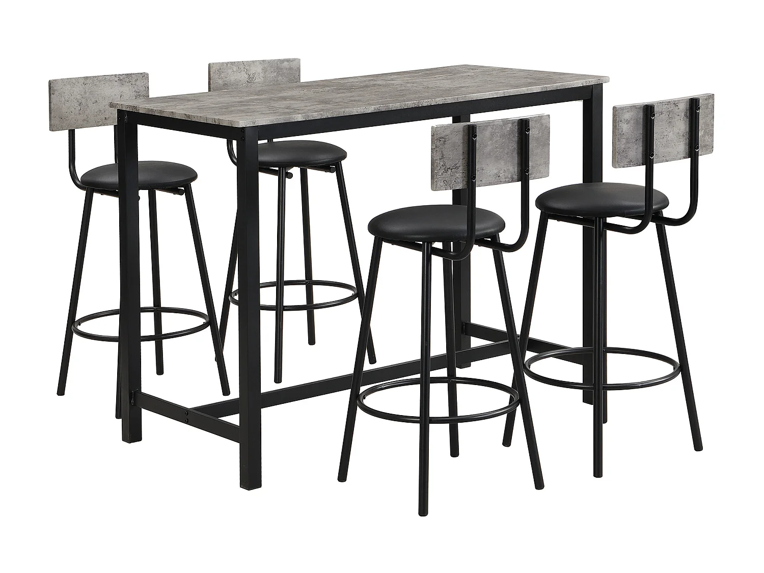 Set van 1 tafel + 4 barstoelen - Kunstleren zitting en metalen poten - marmerpatroon - grijs