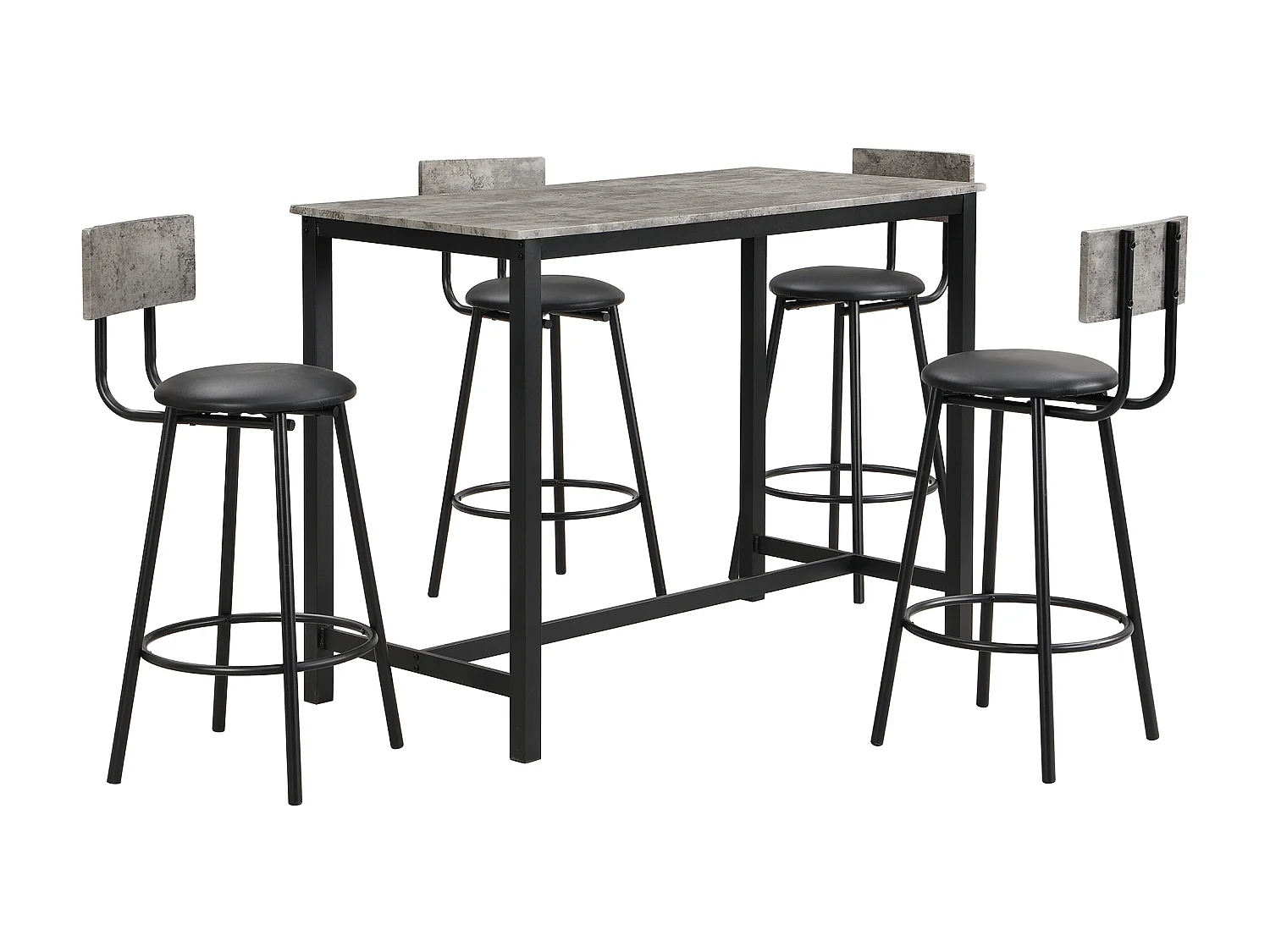 Set van 1 tafel + 4 barstoelen - Kunstleren zitting en metalen poten - marmerpatroon - grijs