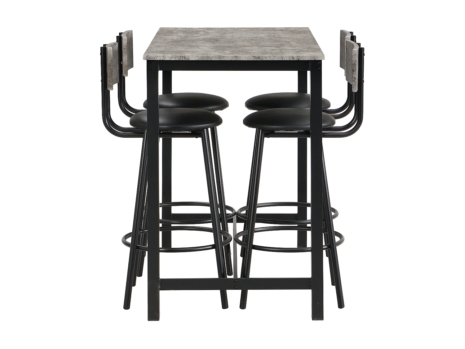Set van 1 tafel + 4 barstoelen - Kunstleren zitting en metalen poten - marmerpatroon - grijs