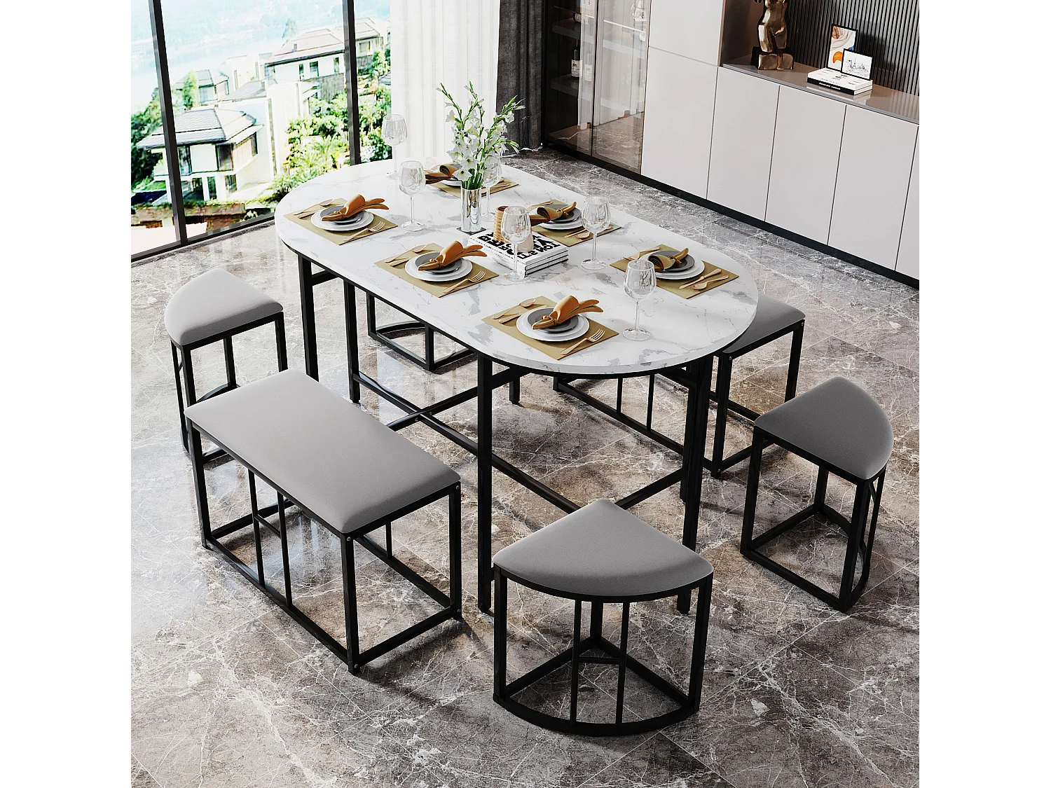 Ensemble 1 table + 6 chaises rembourrées en velours - placage en motif marbre - pièds en métal - noir + blanc