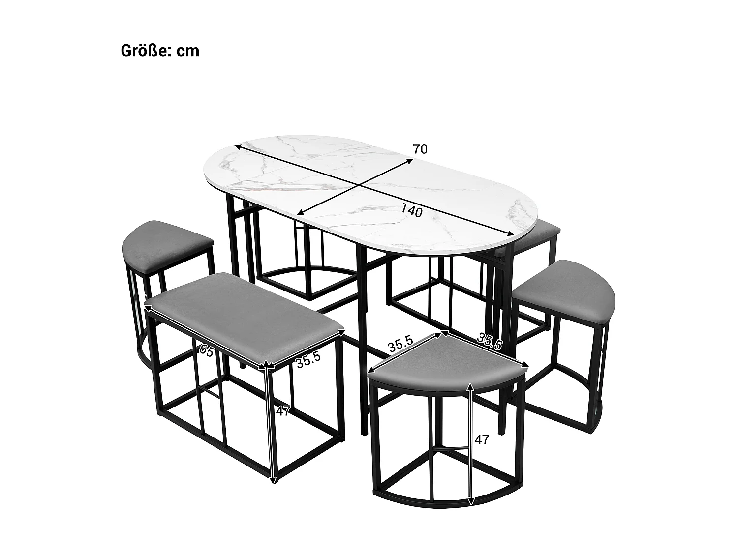 Ensemble 1 table + 6 chaises rembourrées en velours - placage en motif marbre - pièds en métal - noir + blanc