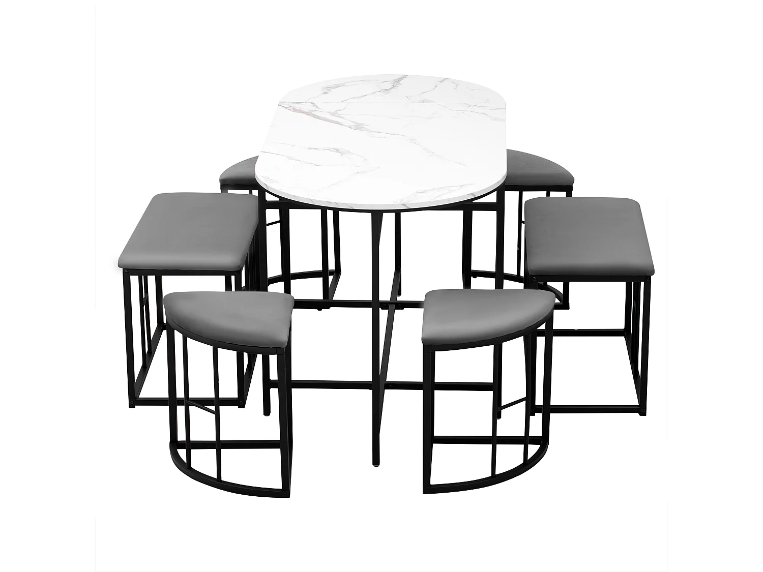 Ensemble 1 table + 6 chaises rembourrées en velours - placage en motif marbre - pièds en métal - noir + blanc