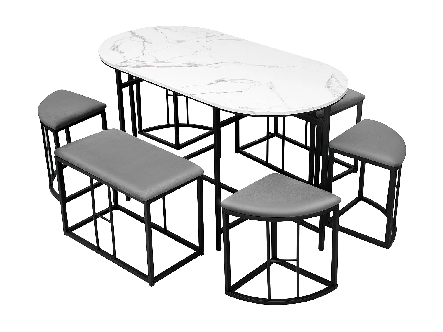 Ensemble 1 table + 6 chaises rembourrées en velours - placage en motif marbre - pièds en métal - noir + blanc