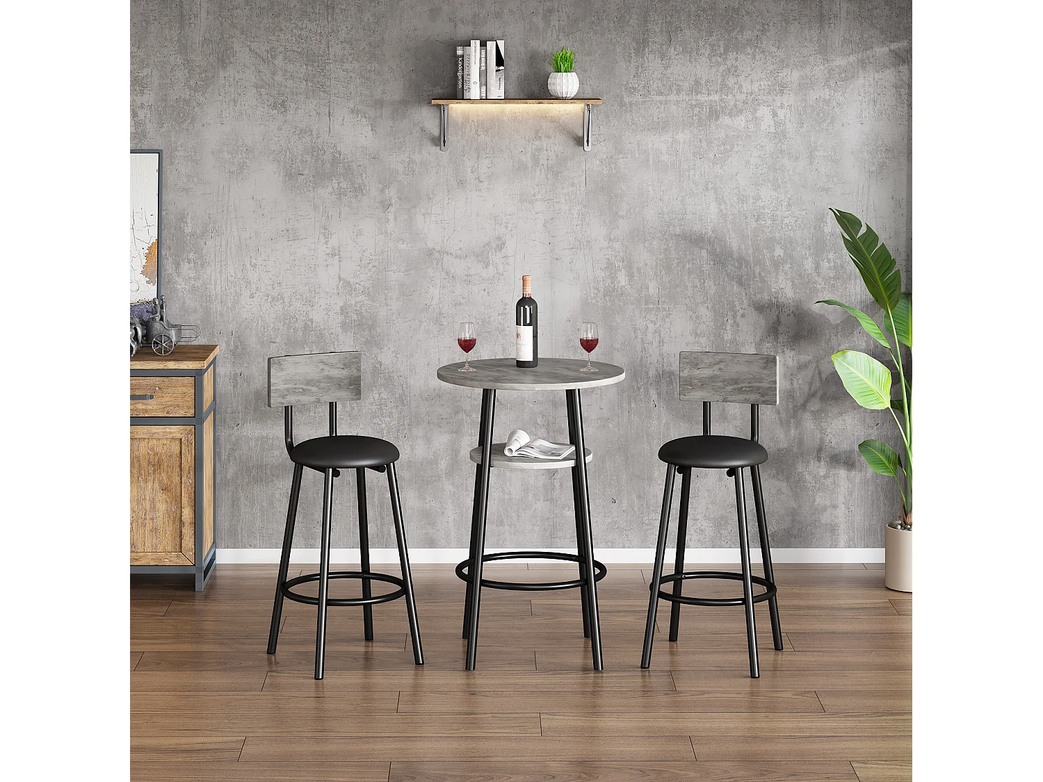 Ensemble 1 table + 2 chaises de bar - Assise en similicuir et Pièds en métal - motif en marbre - gris