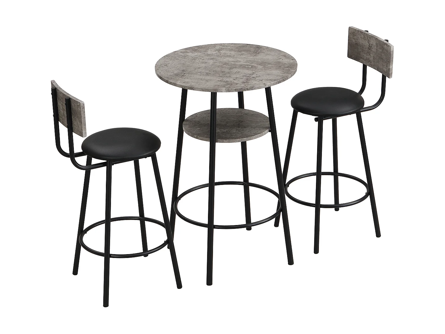 Ensemble 1 table + 2 chaises de bar - Assise en similicuir et Pièds en métal - motif en marbre - gris