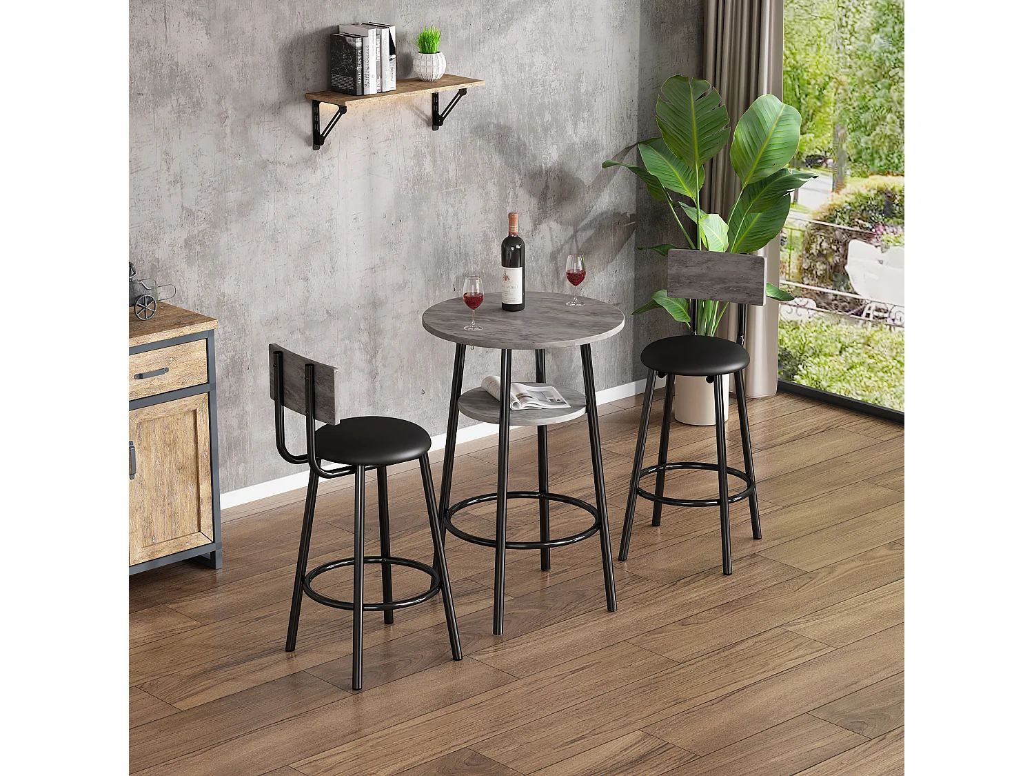 Ensemble 1 table + 2 chaises de bar - Assise en similicuir et Pièds en métal - motif en marbre - gris