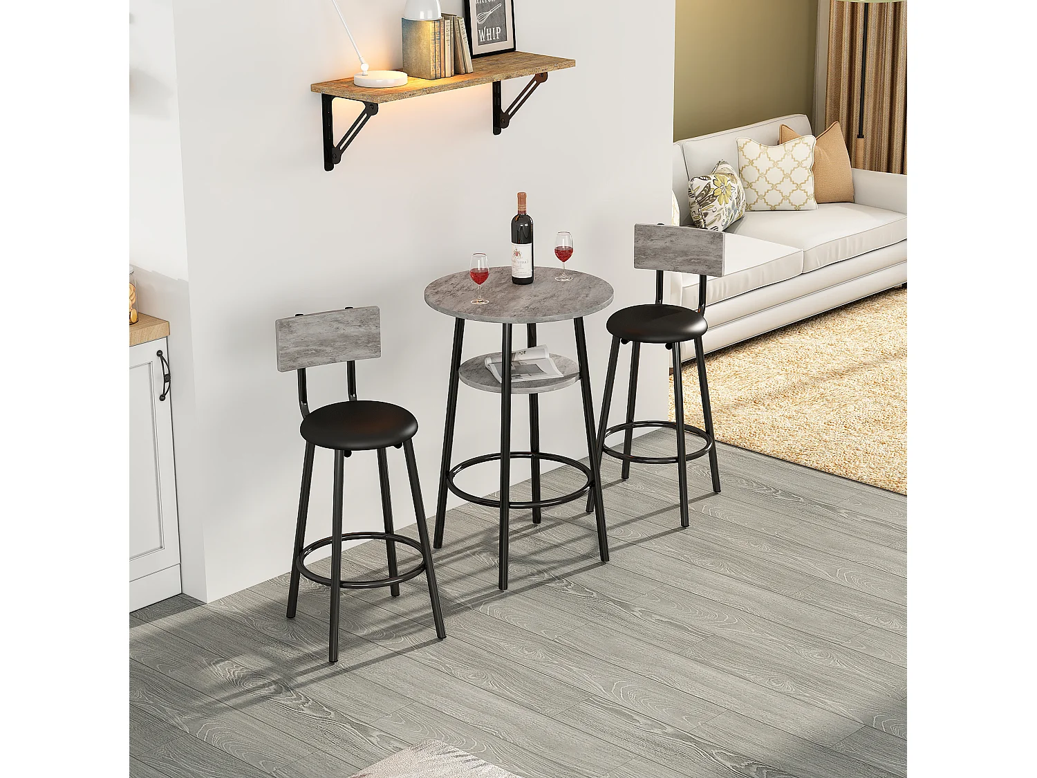 Ensemble 1 table + 2 chaises de bar - Assise en similicuir et Pièds en métal - motif en marbre - gris