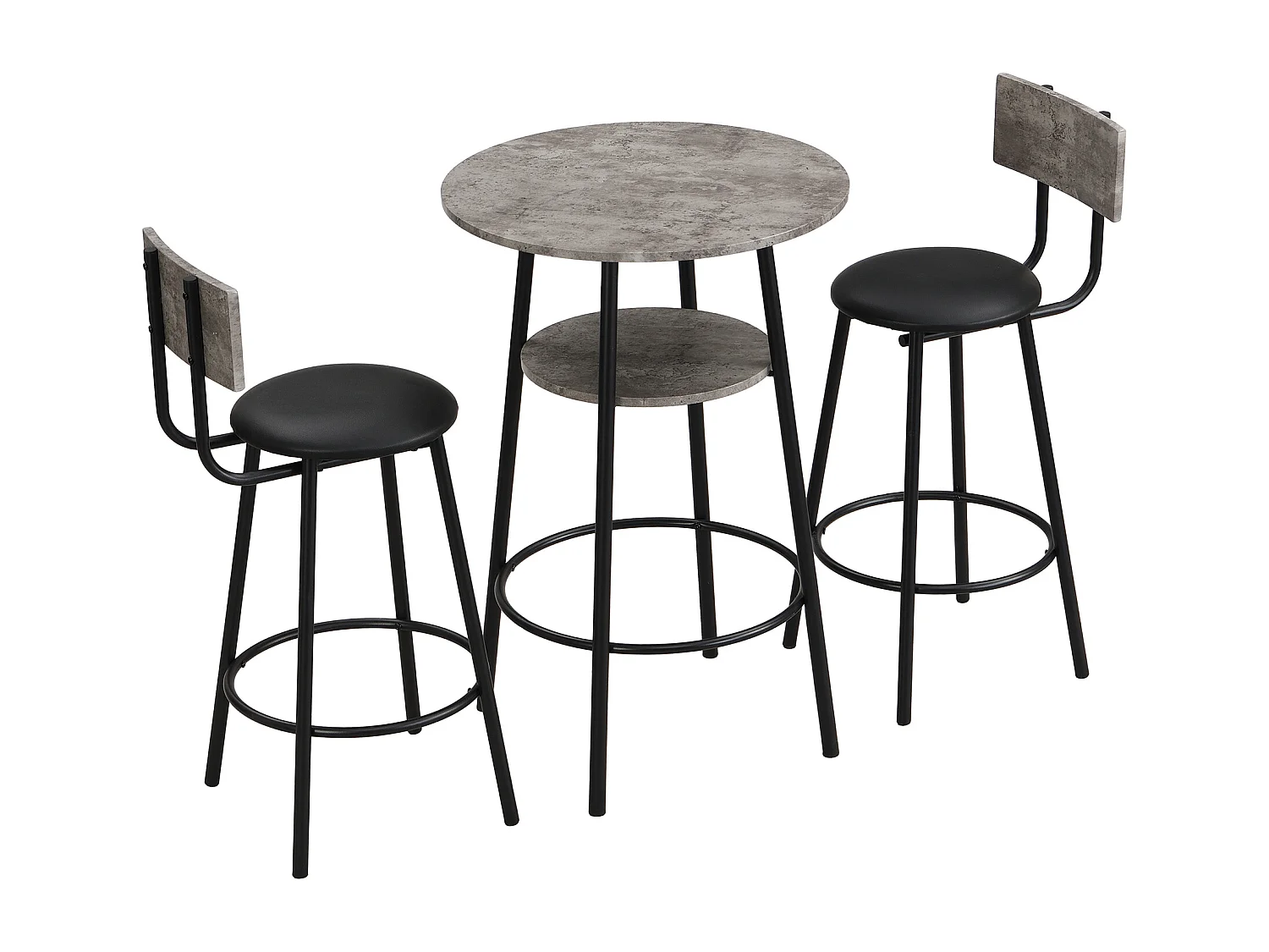 Ensemble 1 table + 2 chaises de bar - Assise en similicuir et Pièds en métal - motif en marbre - gris