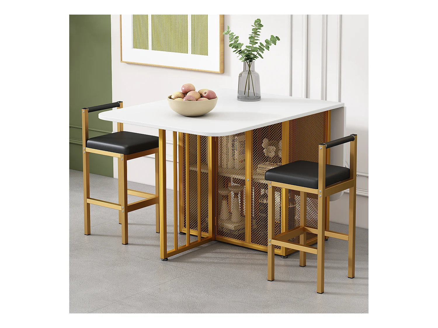Set van 1 uitschuifbare tafel + 6 stoelen - gouden metalen poten en kunstleren zitting - kleuren wit en goud