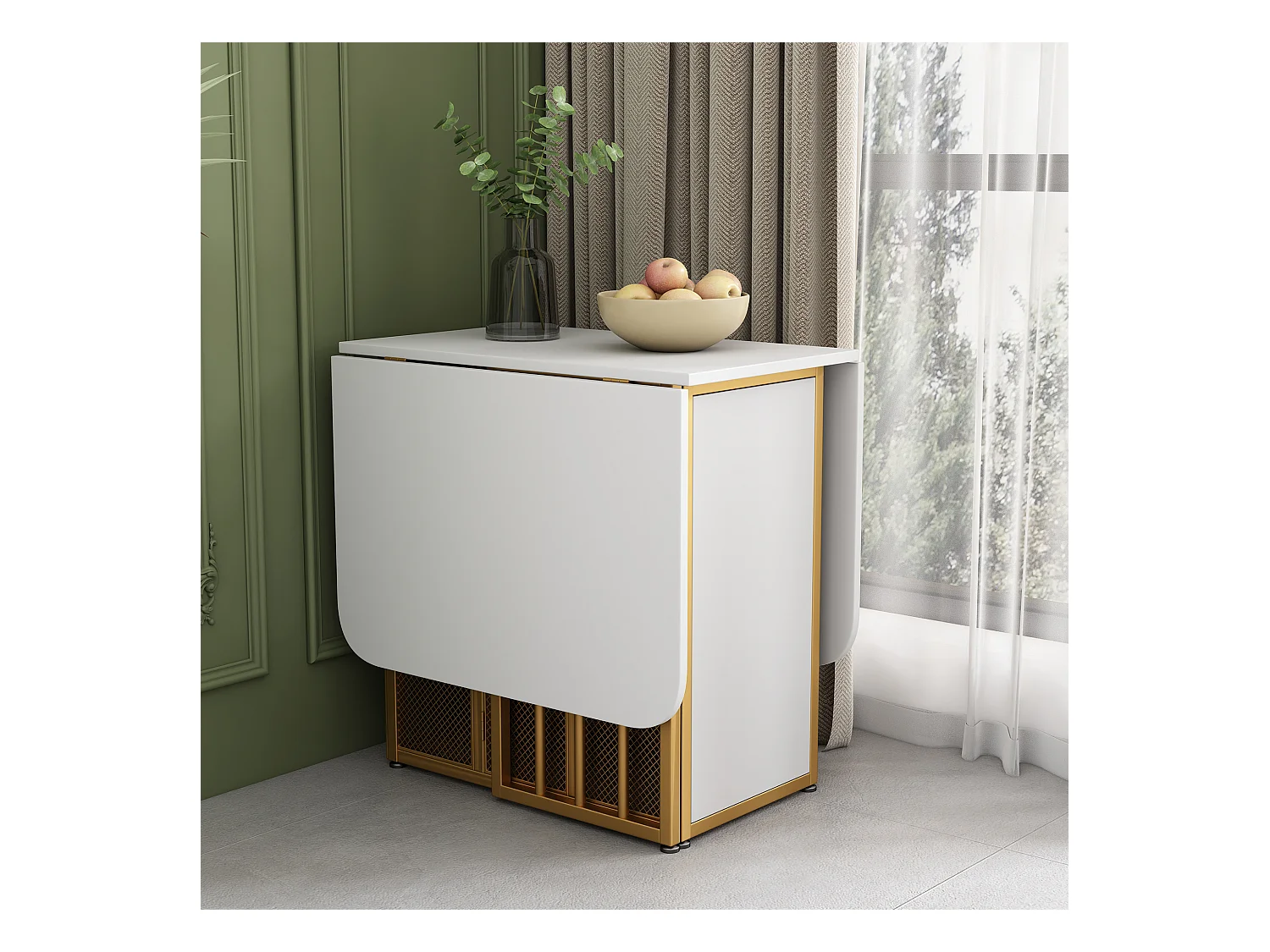 Set van 1 uitschuifbare tafel + 6 stoelen - gouden metalen poten en kunstleren zitting - kleuren wit en goud