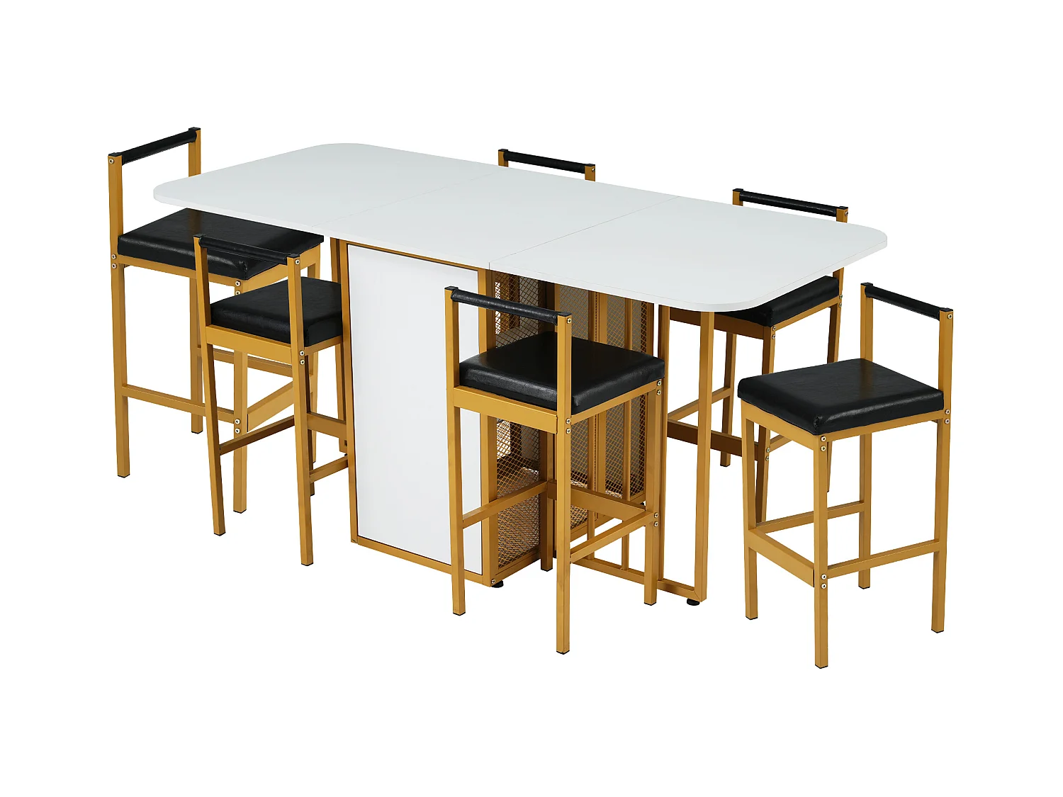 Set van 1 uitschuifbare tafel + 6 stoelen - gouden metalen poten en kunstleren zitting - kleuren wit en goud