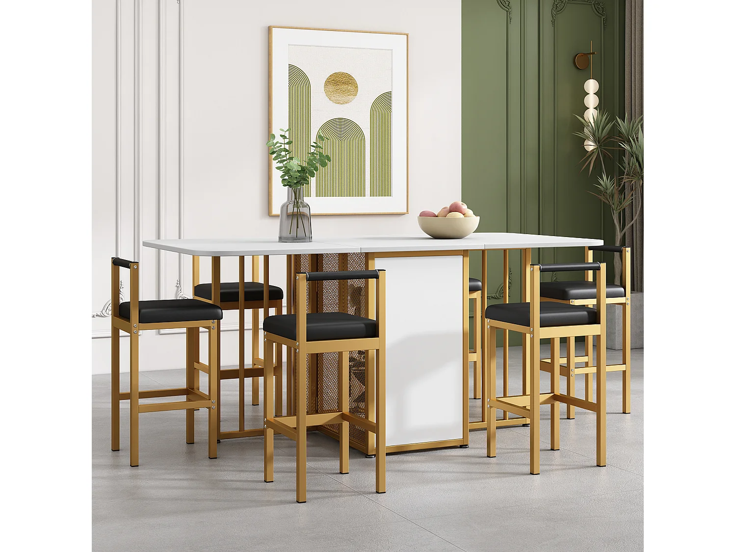 Set van 1 uitschuifbare tafel + 6 stoelen - gouden metalen poten en kunstleren zitting - kleuren wit en goud