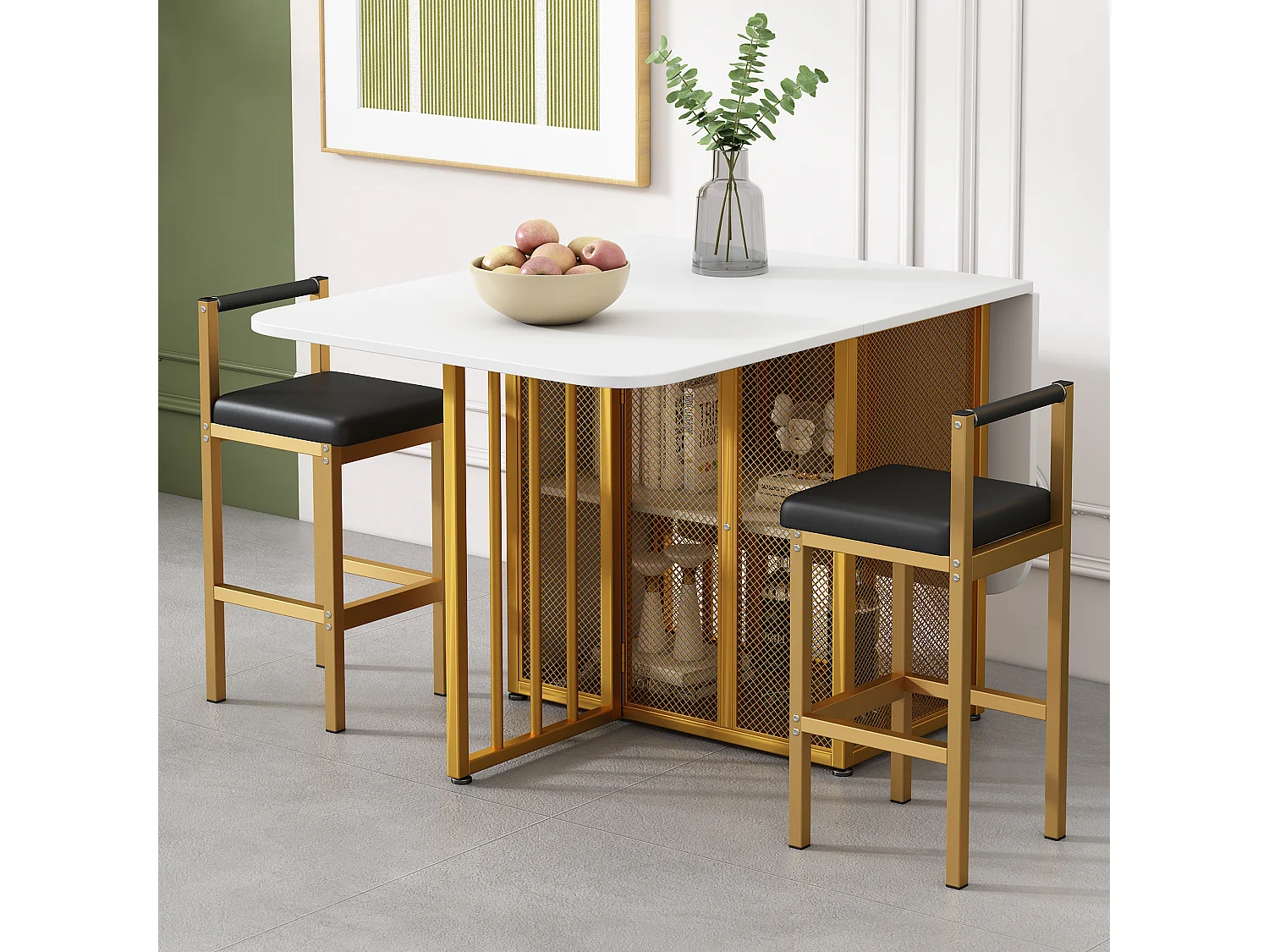 Set van 1 uitschuifbare tafel + 6 stoelen - gouden metalen poten en kunstleren zitting - kleuren wit en goud