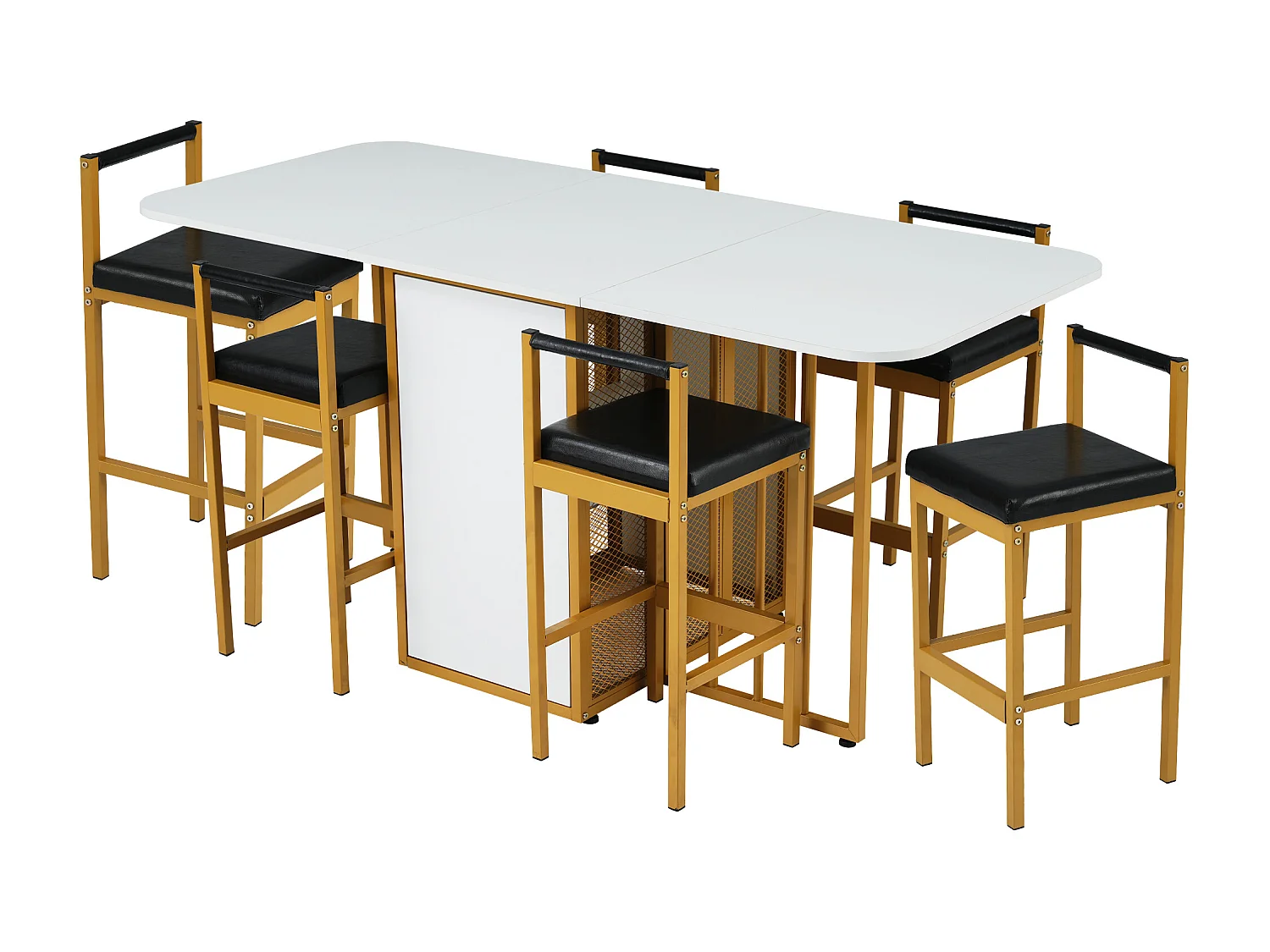 Set van 1 uitschuifbare tafel + 6 stoelen - gouden metalen poten en kunstleren zitting - kleuren wit en goud