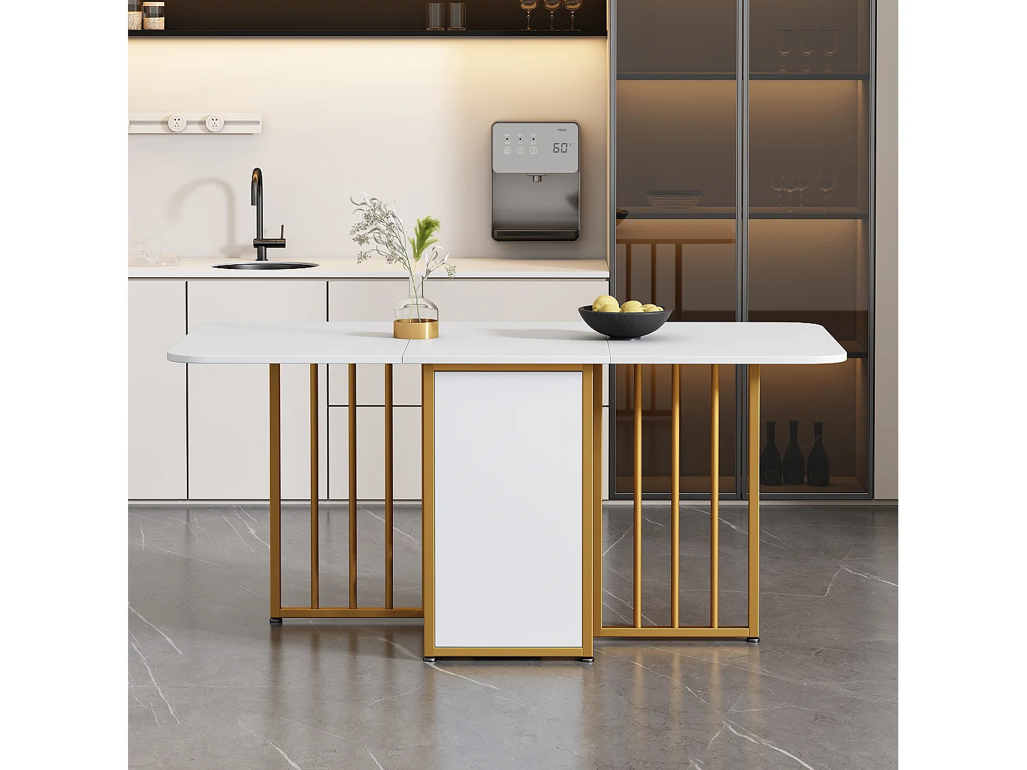 Set van 1 uitschuifbare tafel + 6 stoelen - gouden metalen poten en kunstleren zitting - kleuren wit en goud