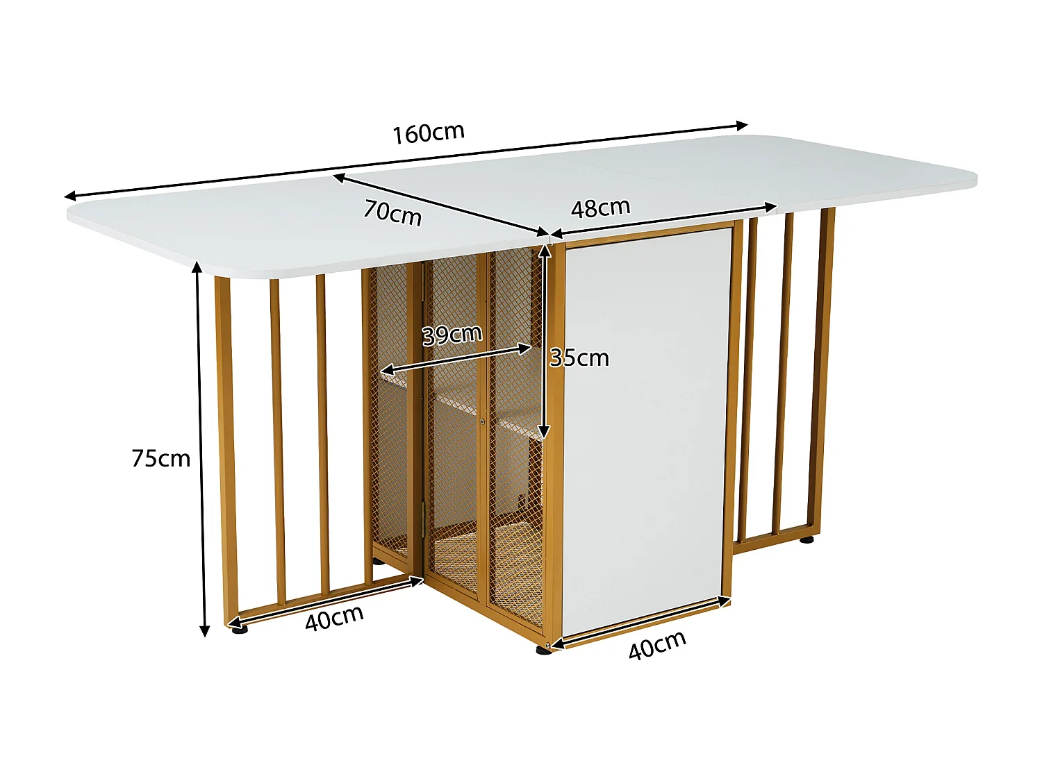 Set van 1 uitschuifbare tafel + 6 stoelen - gouden metalen poten en kunstleren zitting - kleuren wit en goud