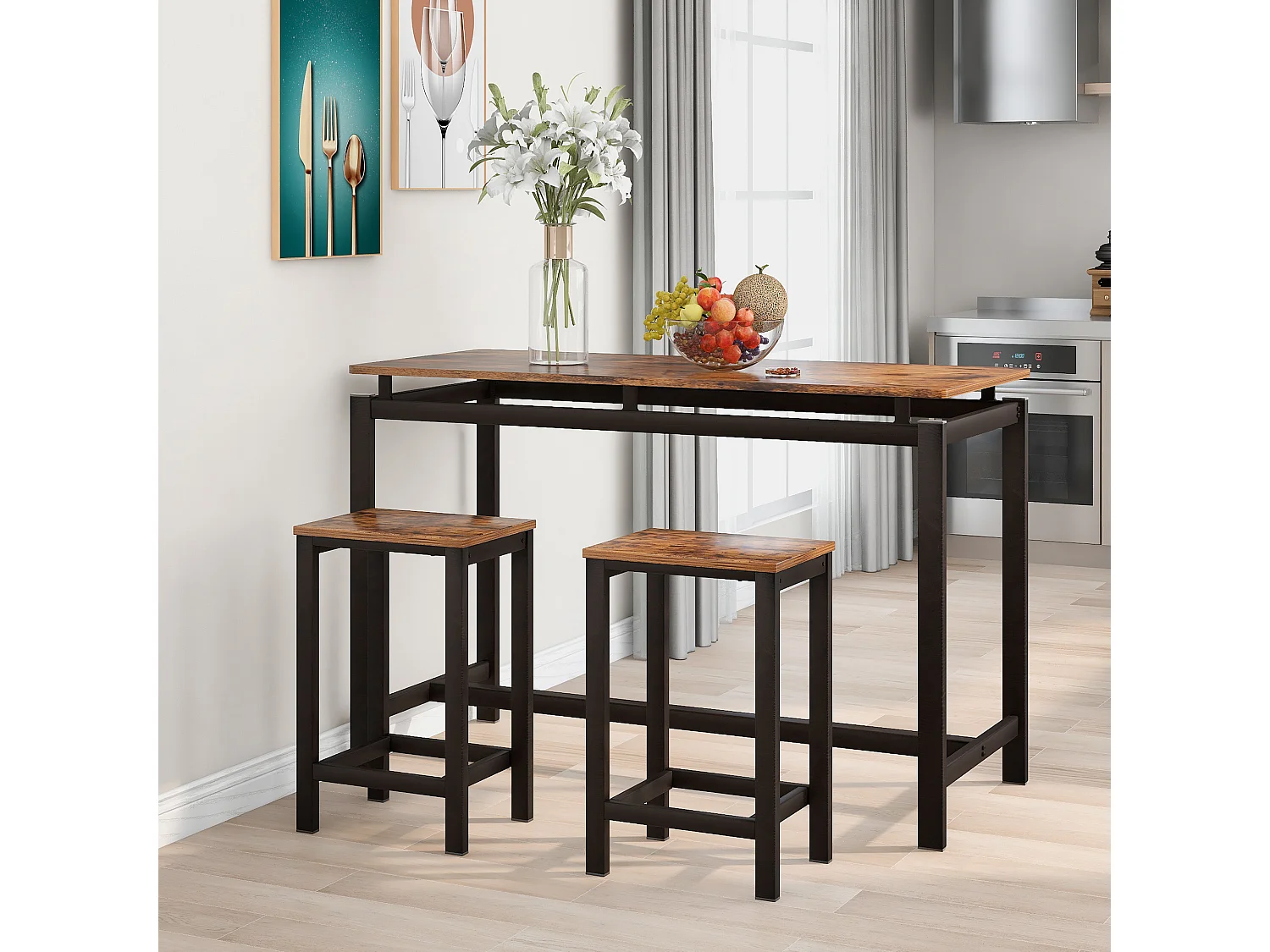 Set tavolo da bar + 2 sgabelli - gambe in metallo - stile industriale - marrone