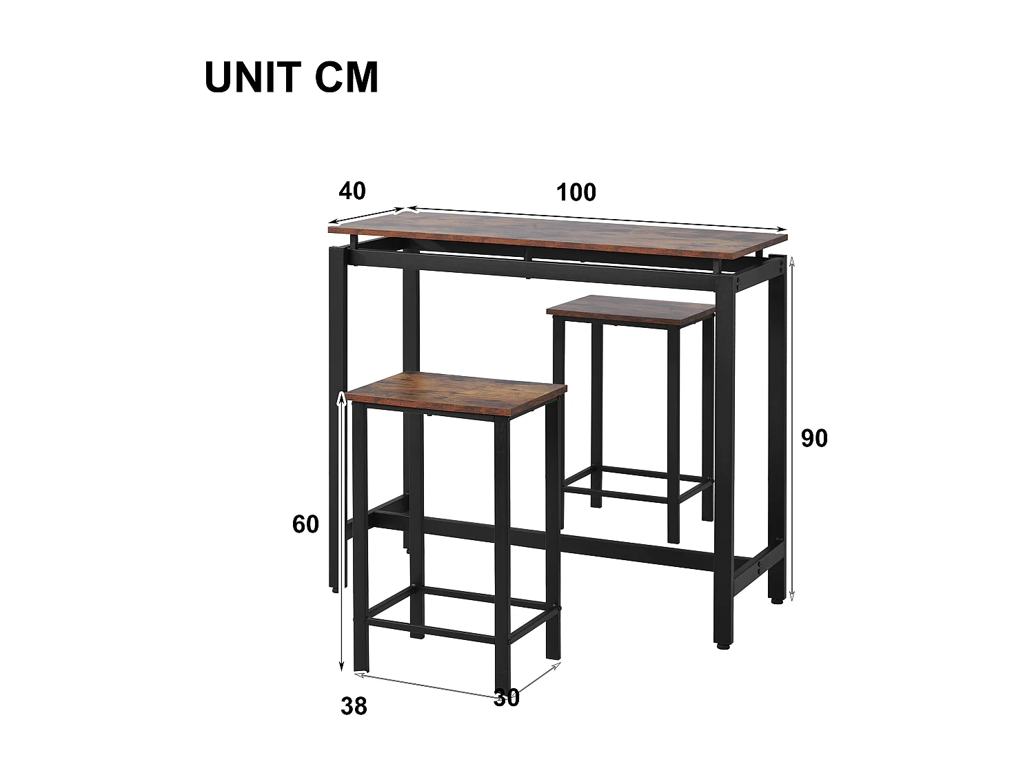 Set tavolo da bar + 2 sgabelli - gambe in metallo - stile industriale - marrone