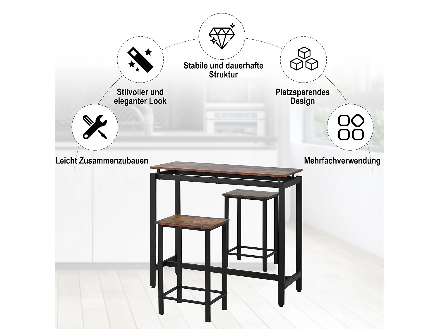 Set tavolo da bar + 2 sgabelli - gambe in metallo - stile industriale - marrone