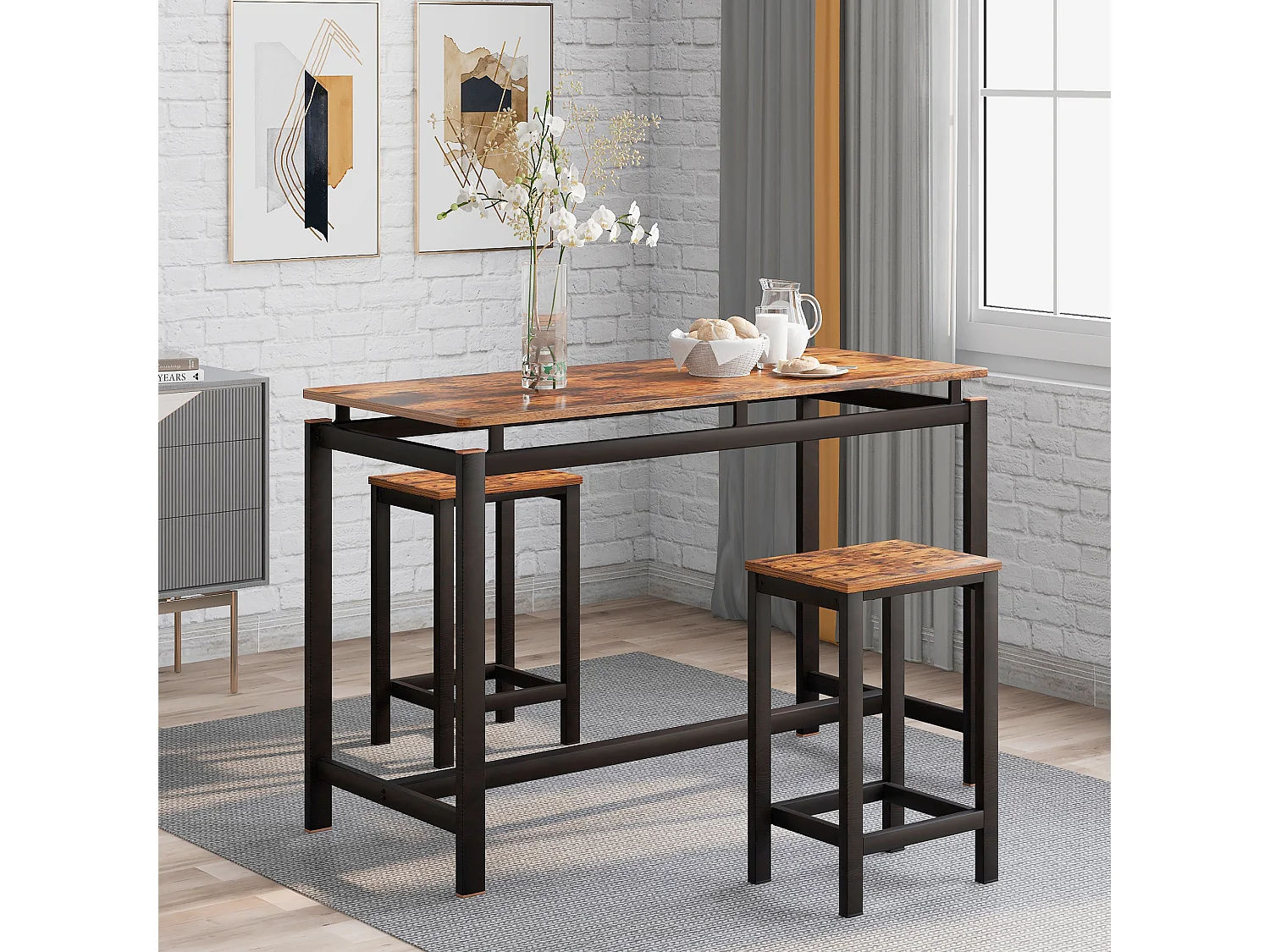 Set tavolo da bar + 2 sgabelli - gambe in metallo - stile industriale - marrone