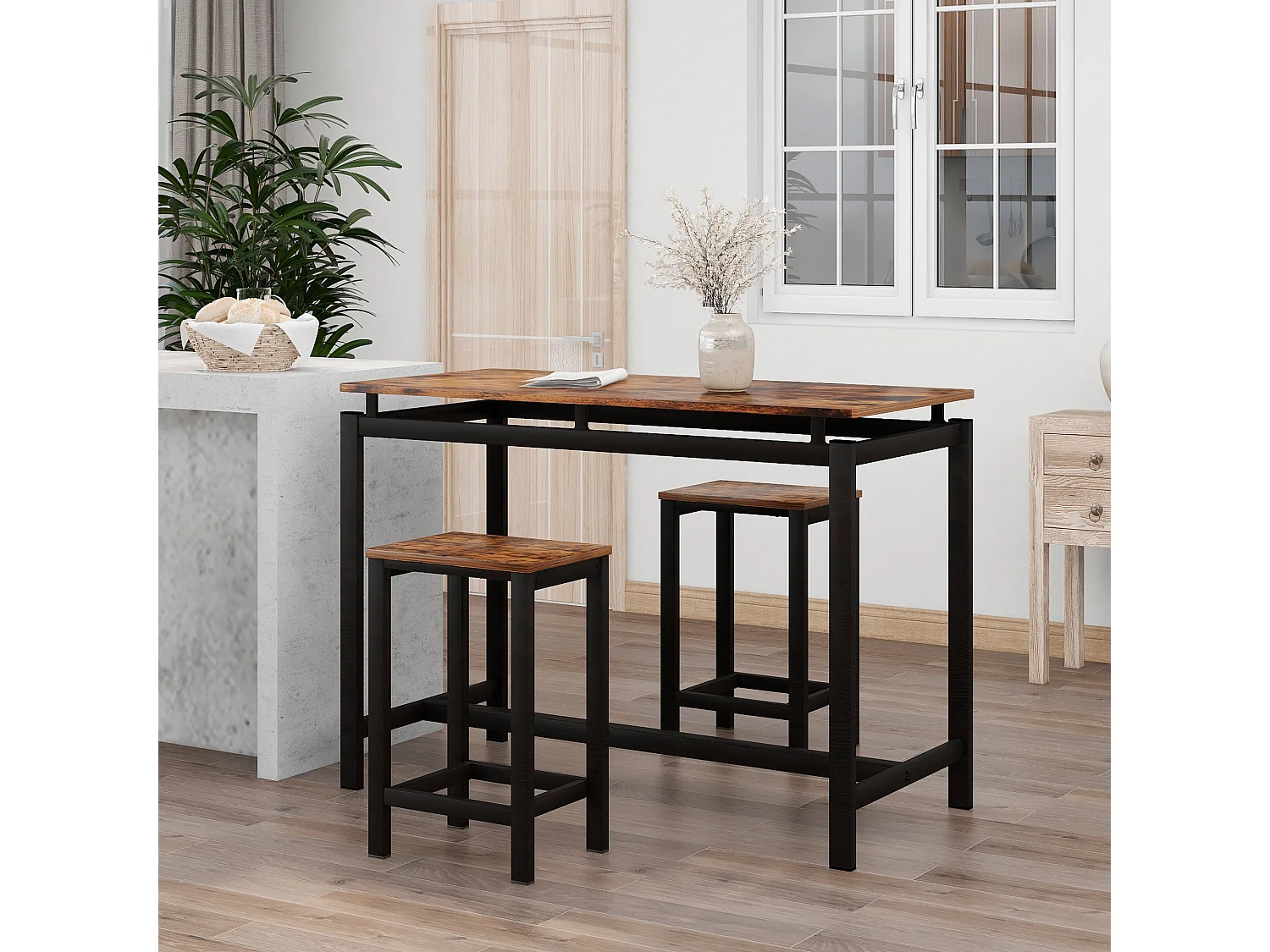 Set tavolo da bar + 2 sgabelli - gambe in metallo - stile industriale - marrone