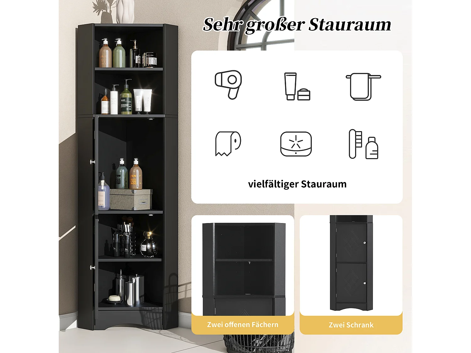 Badezimmer-Ecksäule – 2 Türen und 2 verstellbare Einlegeböden – Spanplatte – Schwarz