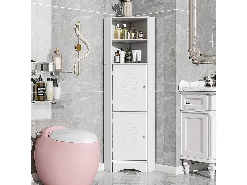 Badezimmer-Ecksäule – 2 Türen und 2 verstellbare Einlegeböden – Spanplatte – Weiß