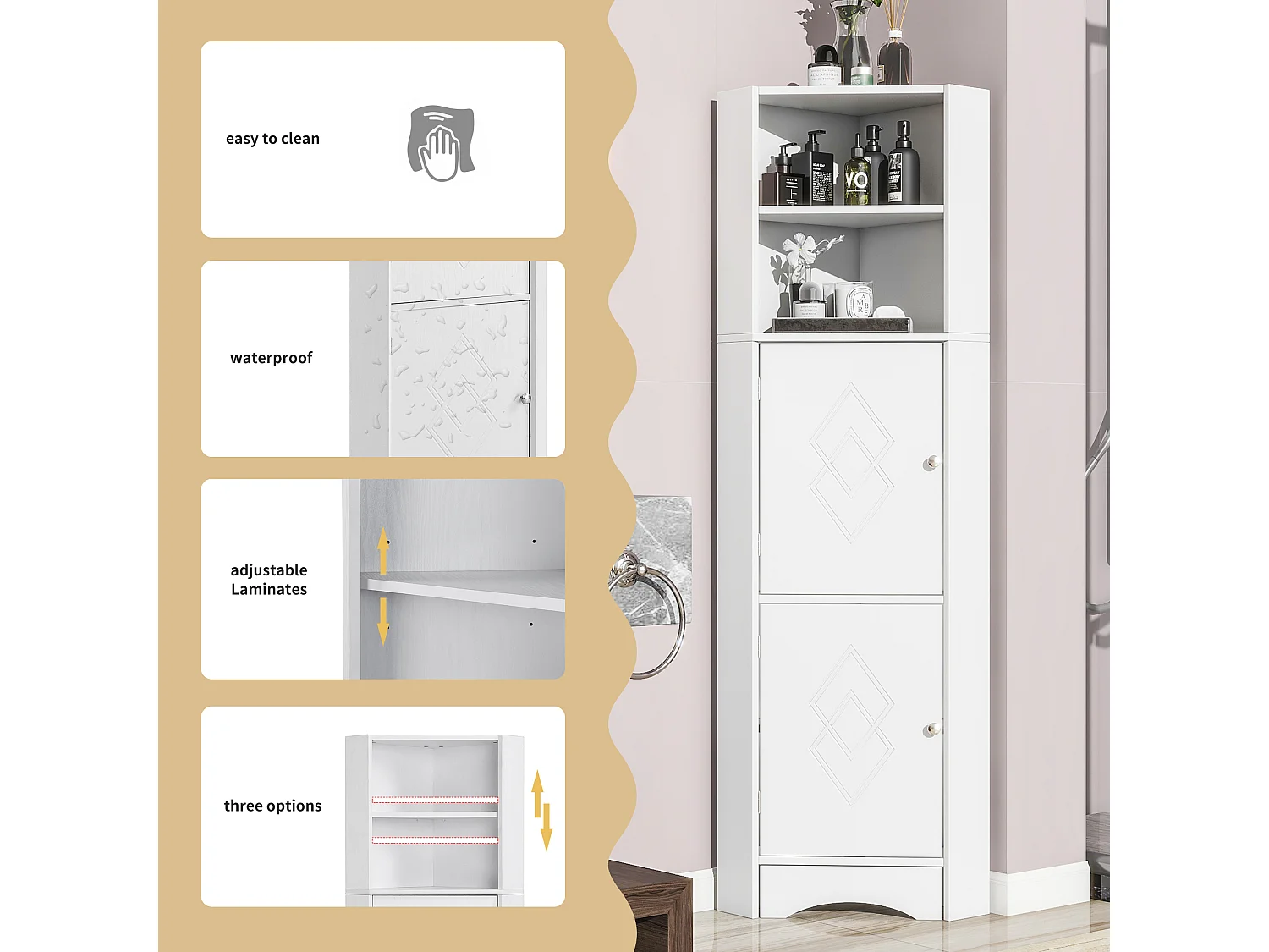 Badezimmer-Ecksäule – 2 Türen und 2 verstellbare Einlegeböden – Spanplatte – Weiß