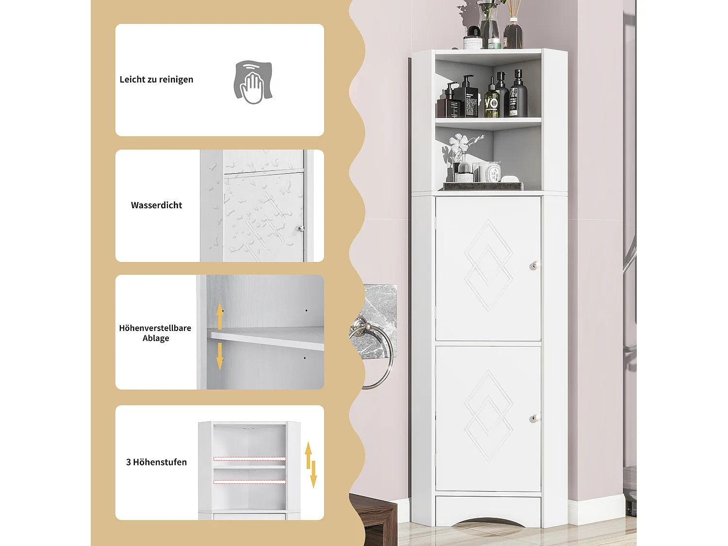 Badezimmer-Ecksäule – 2 Türen und 2 verstellbare Einlegeböden – Spanplatte – Weiß