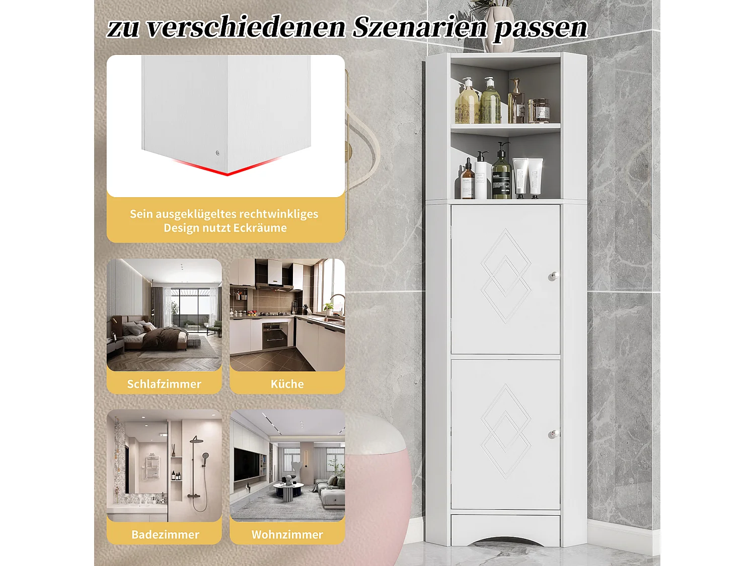 Badezimmer-Ecksäule – 2 Türen und 2 verstellbare Einlegeböden – Spanplatte – Weiß