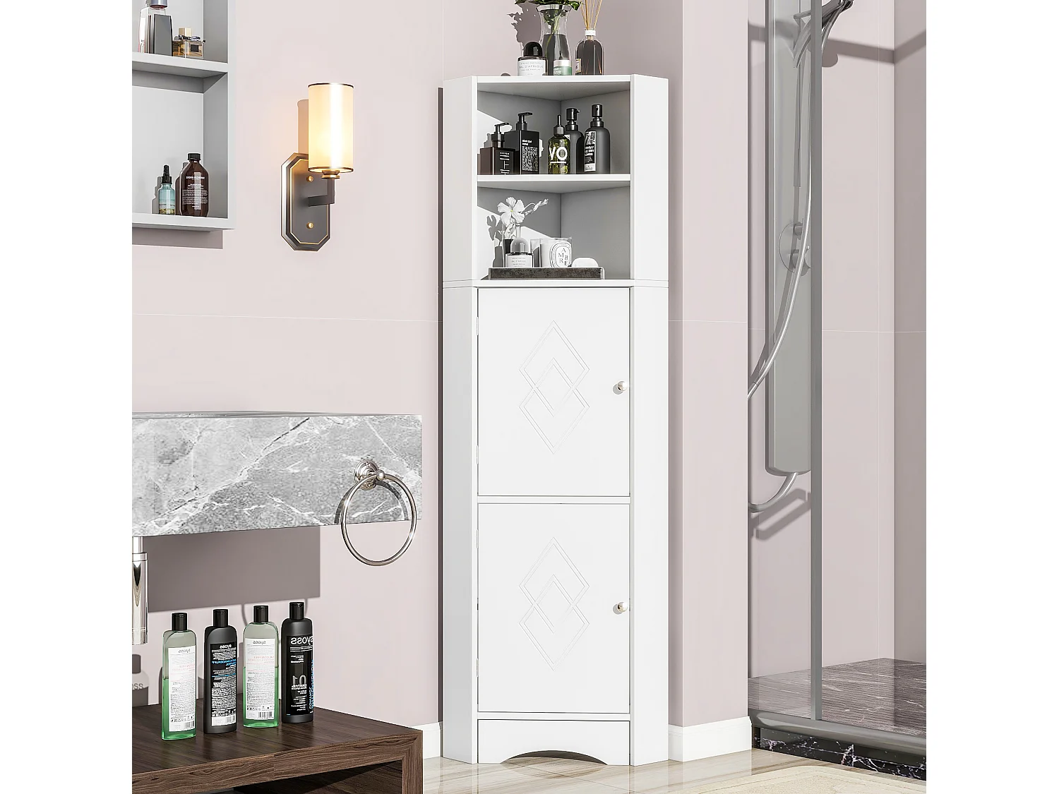 Badezimmer-Ecksäule – 2 Türen und 2 verstellbare Einlegeböden – Spanplatte – Weiß