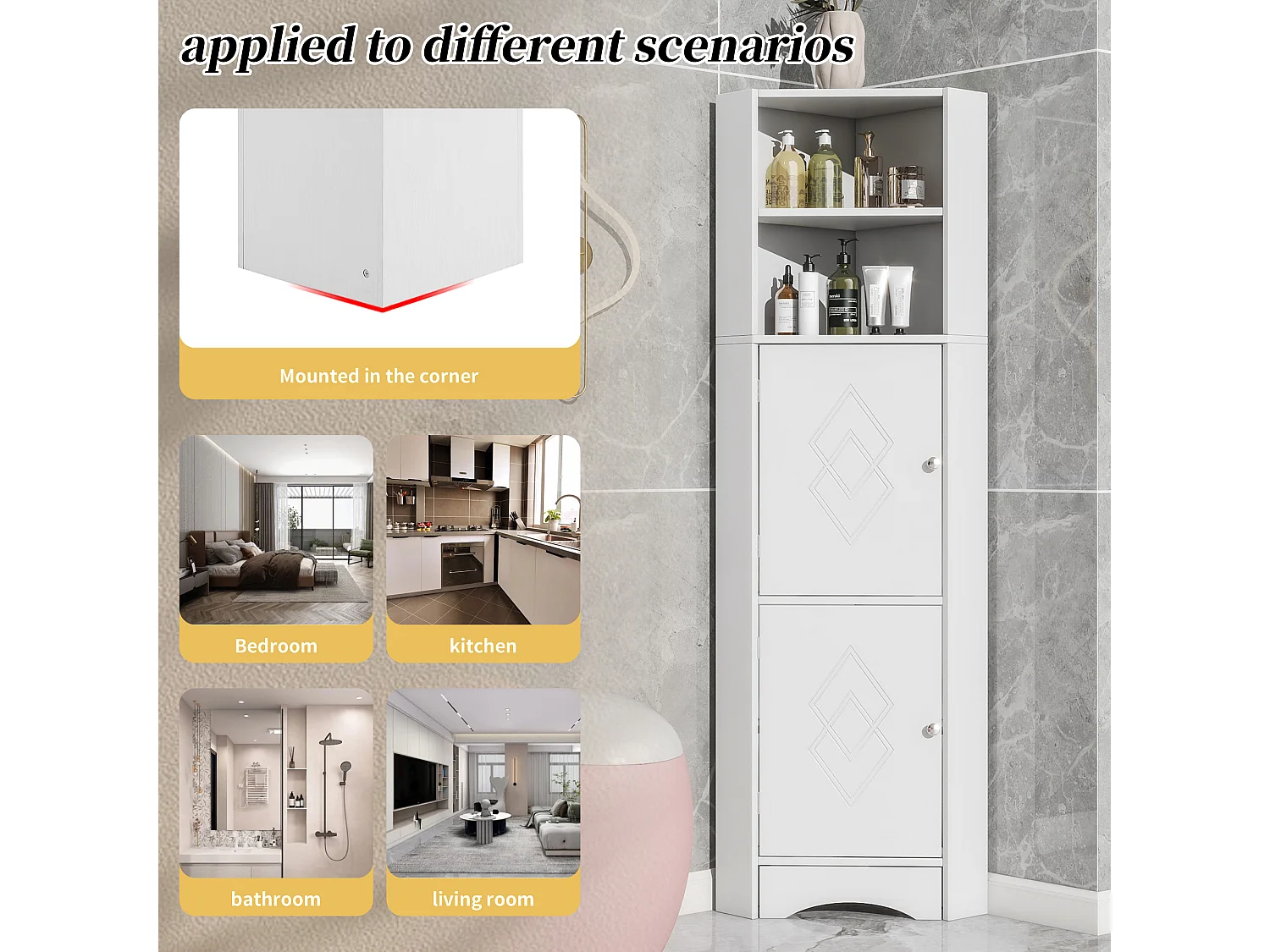 Badezimmer-Ecksäule – 2 Türen und 2 verstellbare Einlegeböden – Spanplatte – Weiß