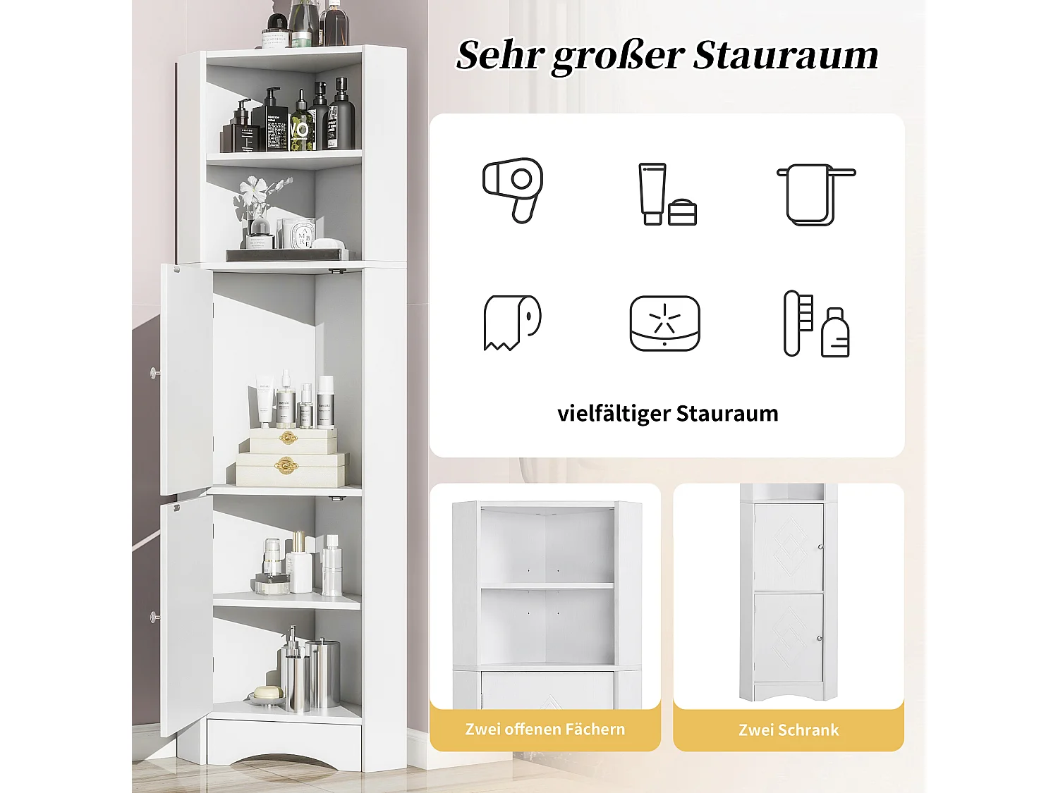 Badezimmer-Ecksäule – 2 Türen und 2 verstellbare Einlegeböden – Spanplatte – Weiß