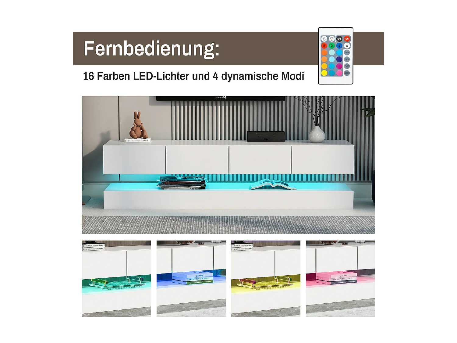 Hangend tv-meubel met 4 laden, LED's, voor televisies tot 55 inch, hout spaanplaat, wit