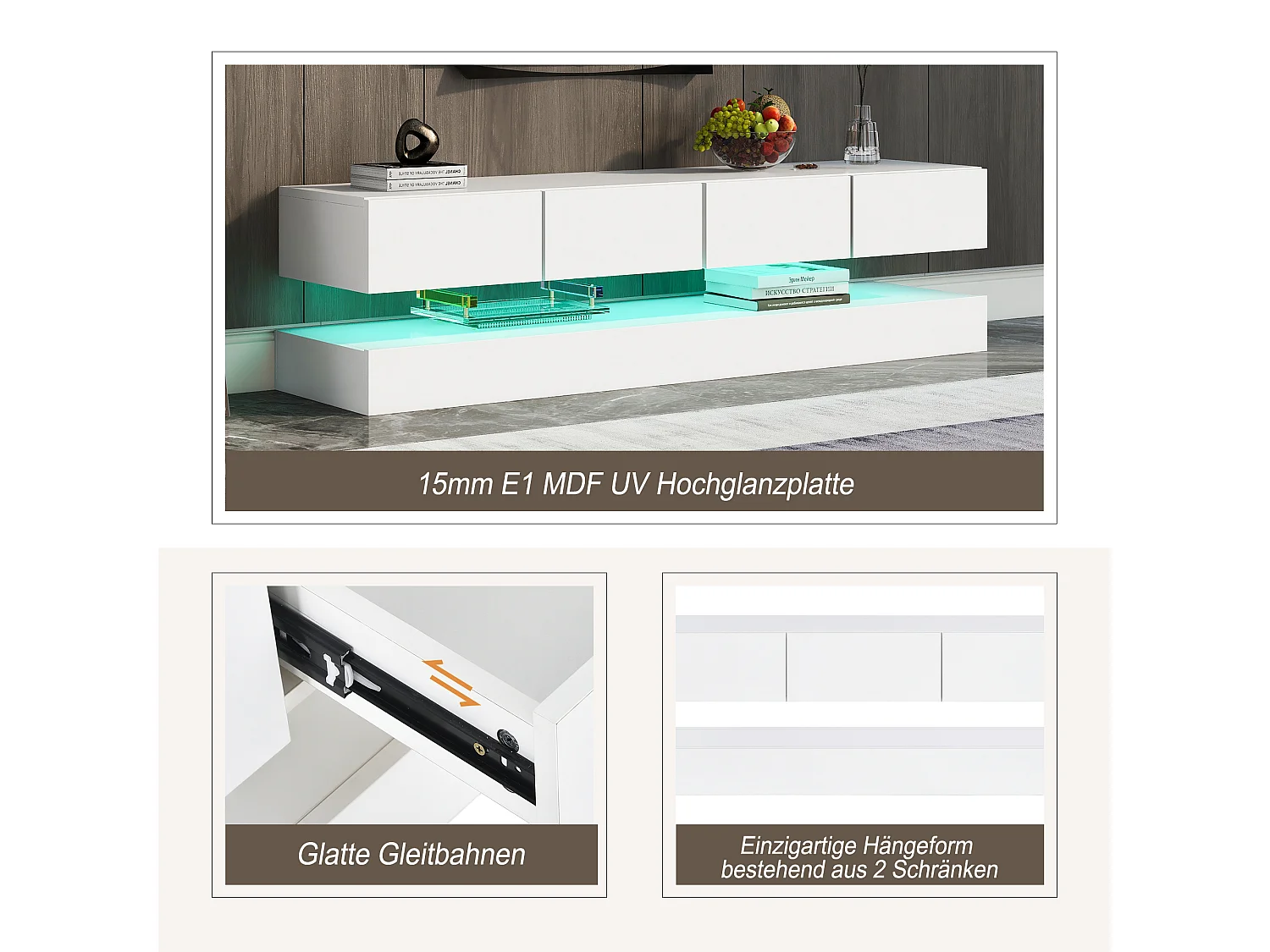 Hangend tv-meubel met 4 laden, LED's, voor televisies tot 55 inch, hout spaanplaat, wit