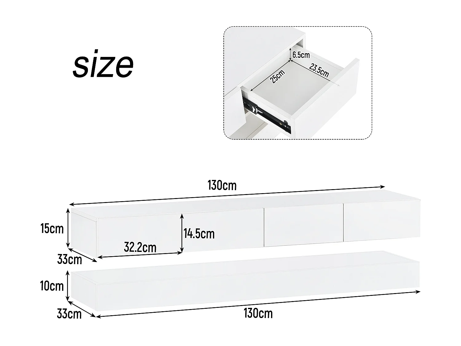 Hangend tv-meubel met 4 laden, LED's, voor televisies tot 55 inch, hout spaanplaat, wit