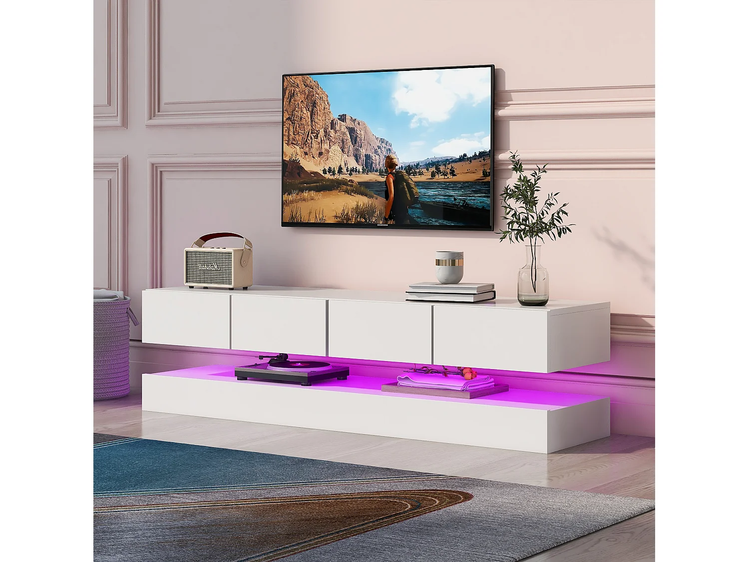 Hangend tv-meubel met 4 laden, LED's, voor televisies tot 55 inch, hout spaanplaat, wit