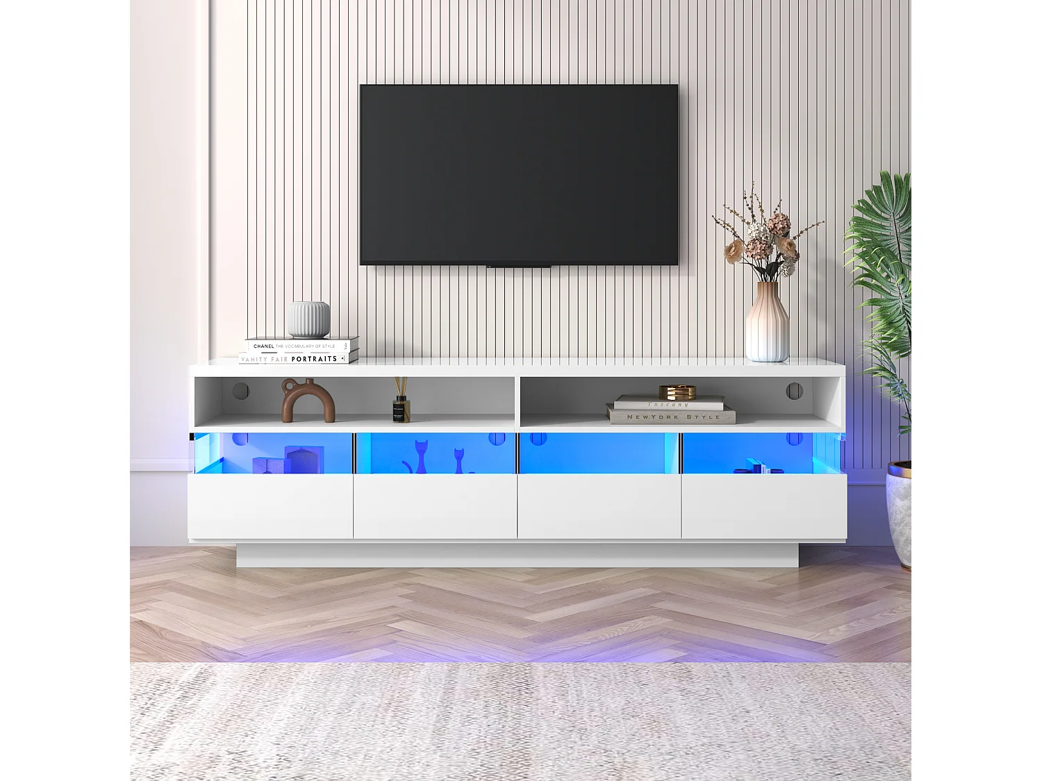 Mueble para TV suspendido con 4 cajones y 2 compartimentos, LED, alto brillo, tablero de partículas, blanco