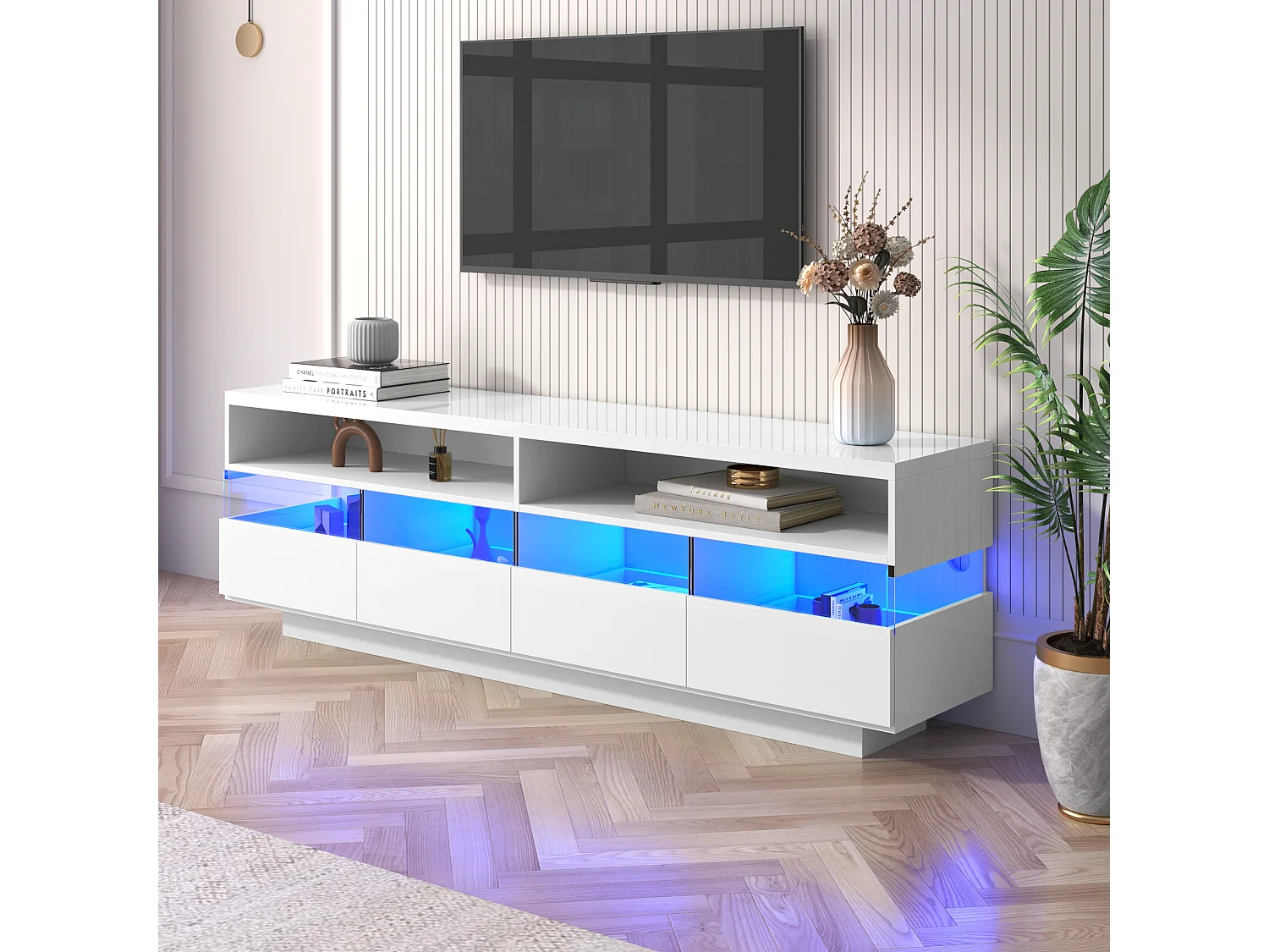 Mueble para TV suspendido con 4 cajones y 2 compartimentos, LED, alto brillo, tablero de partículas, blanco