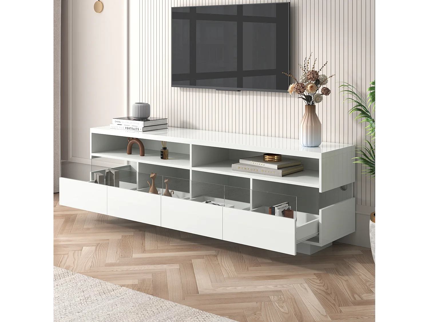 Mueble para TV suspendido con 4 cajones y 2 compartimentos, LED, alto brillo, tablero de partículas, blanco