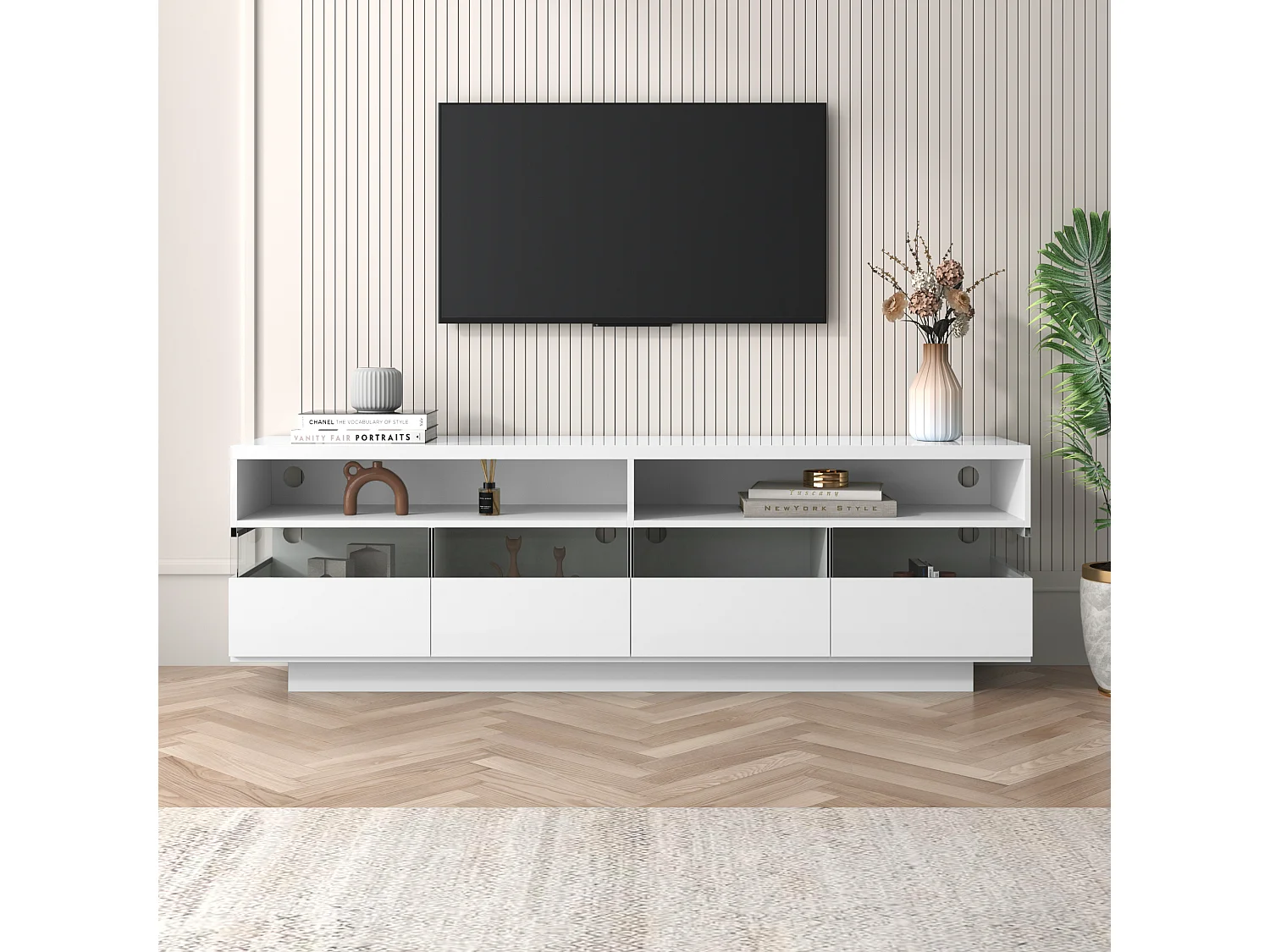 Mueble para TV suspendido con 4 cajones y 2 compartimentos, LED, alto brillo, tablero de partículas, blanco