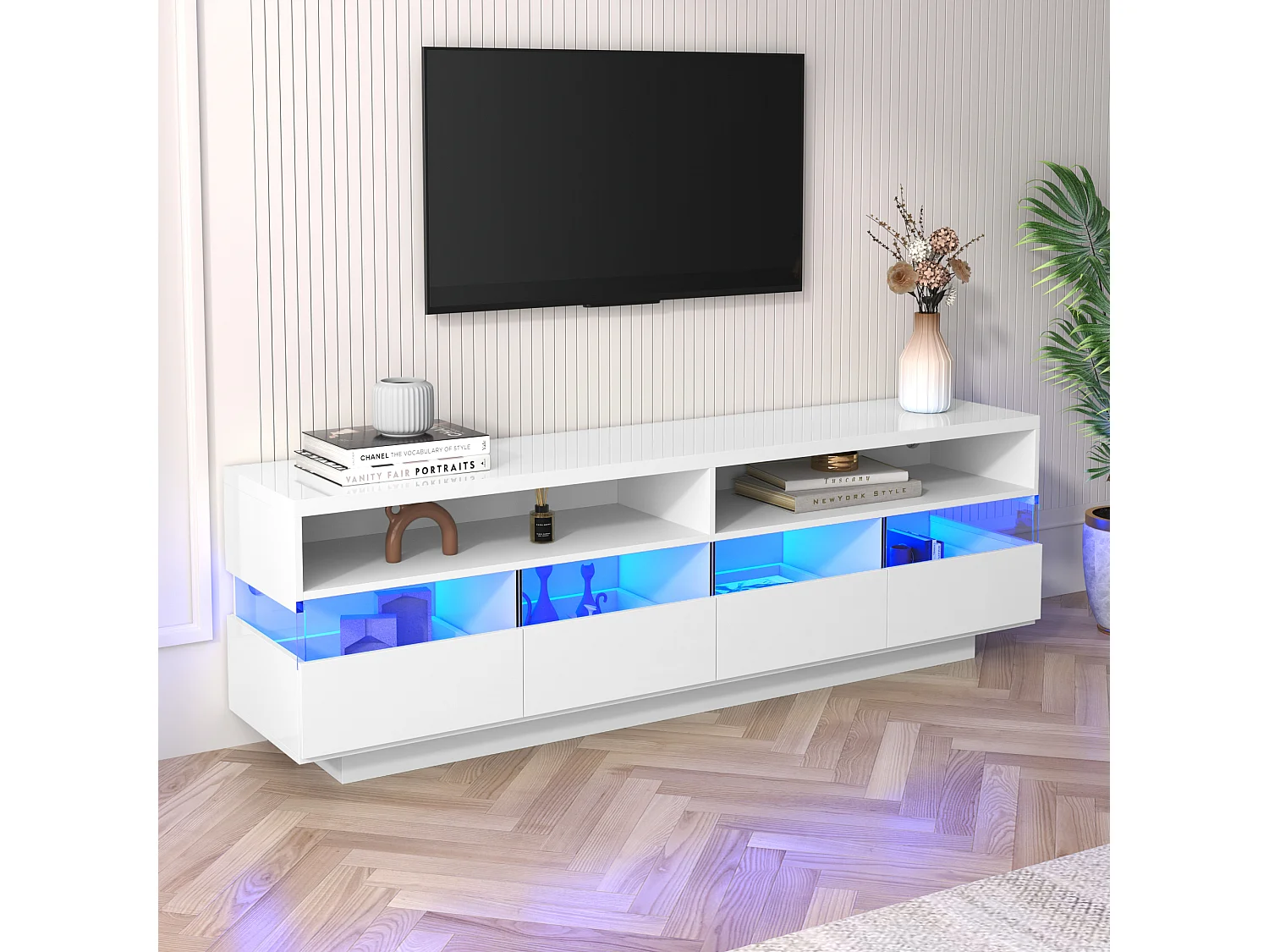 Móvel TV suspenso com 4 gavetas e 2 compartimentos, LEDs, alto brilho, aglomerado, branco