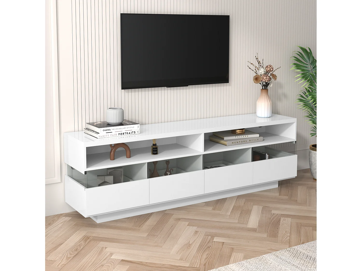 Móvel TV suspenso com 4 gavetas e 2 compartimentos, LEDs, alto brilho, aglomerado, branco