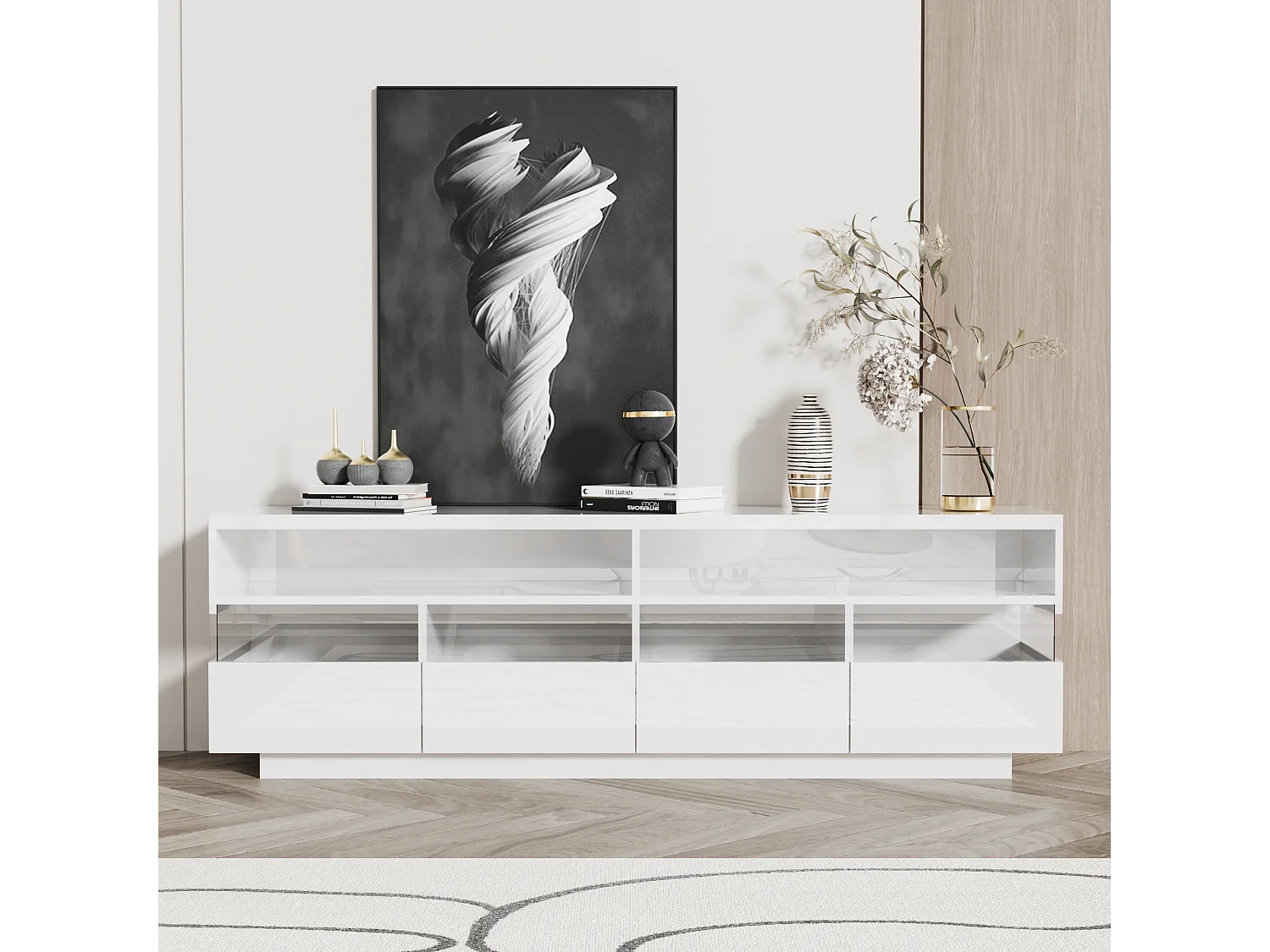 Mueble para TV suspendido con 4 cajones y 2 compartimentos, LED, alto brillo, tablero de partículas, blanco