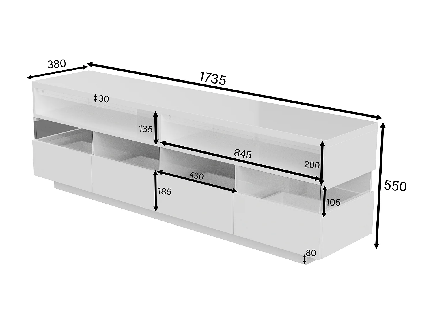Móvel TV suspenso com 4 gavetas e 2 compartimentos, LEDs, alto brilho, aglomerado, branco