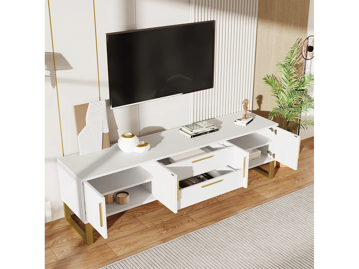 Glänzendes TV-Möbel mit 4 Türen und 2 Schubladen, MDF-Holz, goldene Griffe und Beine, moderner Stil, weiß