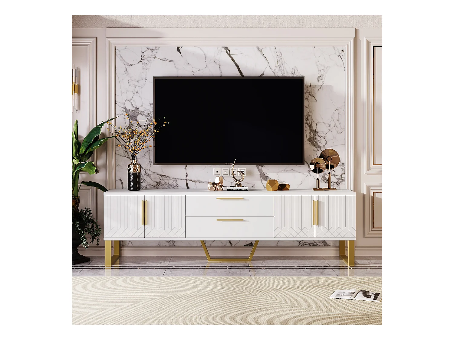 Glanzende tv-kast met 4 deuren en 2 lades, MDF-hout, gouden handgrepen en poten, moderne stijl, wit