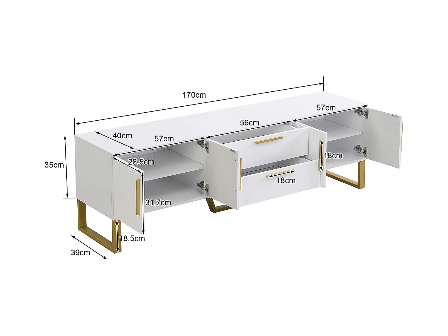Glanzende tv-kast met 4 deuren en 2 lades, MDF-hout, gouden handgrepen en poten, moderne stijl, wit