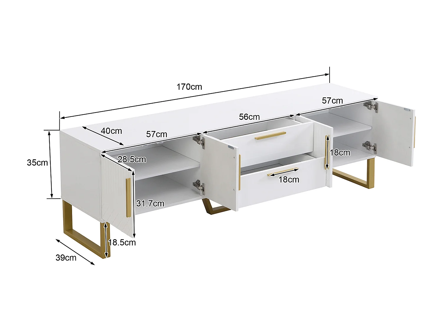 Glanzende tv-kast met 4 deuren en 2 lades, MDF-hout, gouden handgrepen en poten, moderne stijl, wit