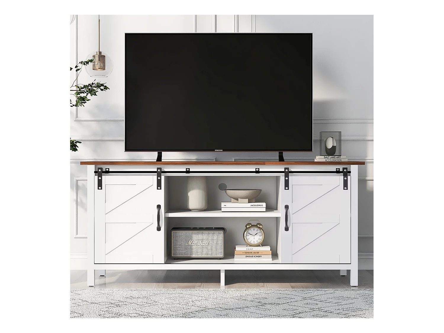 TV-meubel met 2 schuifdeuren, laag dressoir, verstelbare planken, MDF hout, wit, 120 x 40 x 60,5 cm